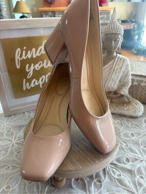 Nine West Nude Blush Patent Block Heel Pumps Size 7.5 Comfort 9x9